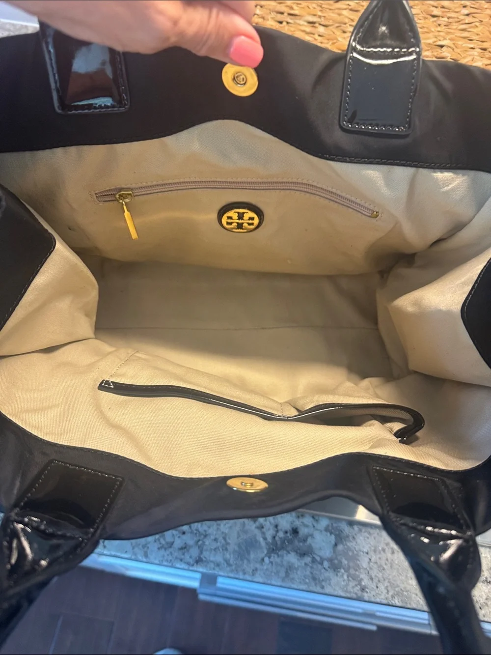 Tory Burch Black Nylon Tote with Patent Logo